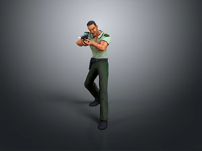 Male Character In Green Uniform Aiming With Gun In Shooting Stance 3d model