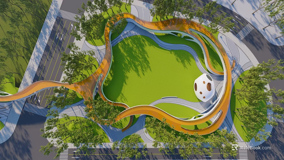 Park Landscape with Curved Orange Structures Green Lawn White Dome Trees and Winding Paths 3d model 