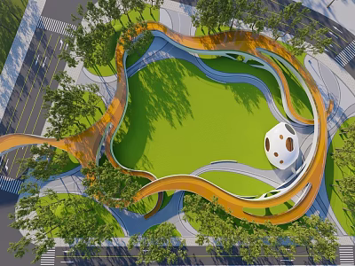 Park Landscape with Curved Orange Structures Green Lawn White Dome Trees and Winding Paths 3d model
