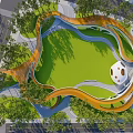 Park Landscape with Curved Orange Structures Green Lawn White Dome Trees and Winding Paths