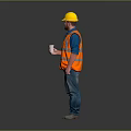 Construction Worker In Yellow Hard Hat And Orange Reflective Vest With White Cup