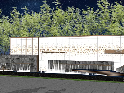 Modern Building Exterior Wall Design Featuring Lush Green Trees Stone Elements And Orange Dotted Patterns 3d model