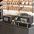Cafe Bakery Reception Counter With Wooden Design Bread Shelves Coffee Machine And Menu Boards