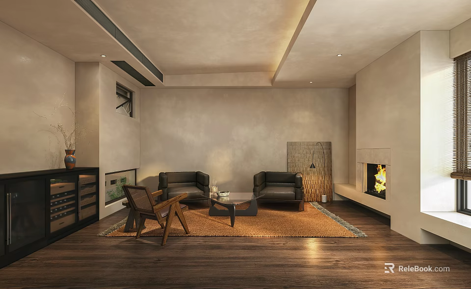 Modern Lounge Interior With Dark Sofas Wooden Chair And Fireplace 3d model 