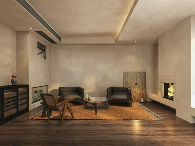 Modern Lounge Interior With Dark Sofas Wooden Chair And Fireplace 3d model