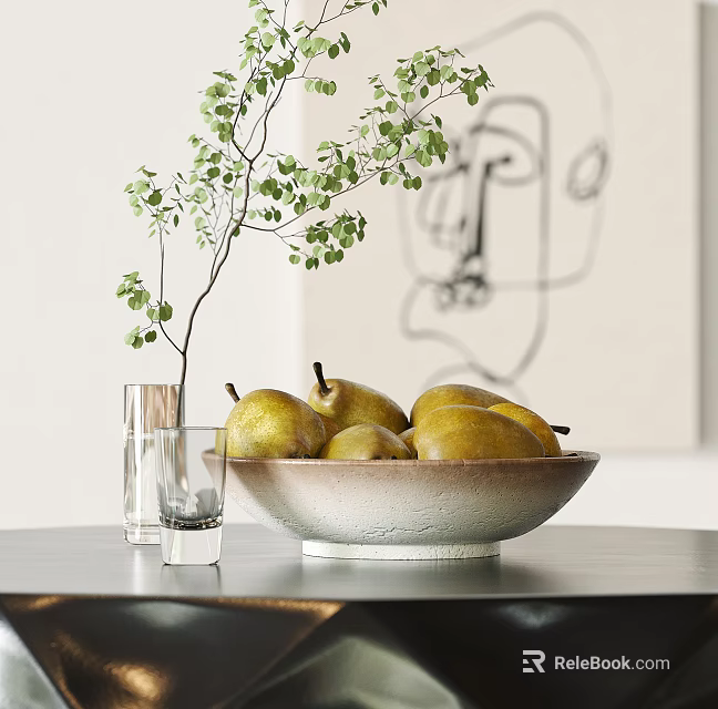 Fresh Ripe Pears In Ceramic Bowl With Green Plant And Glass Cups On Table 3d model 