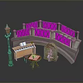 Modern Urban Scene Featuring Pink Railings Bridge Green Street Lamp Piano And Table