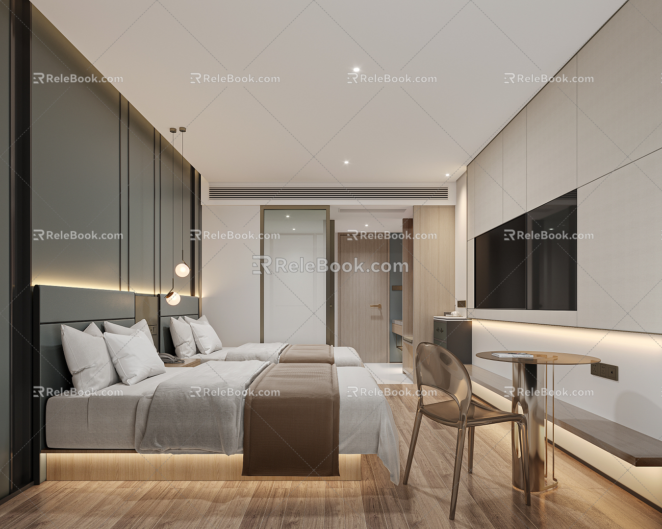 Modern Room Hotel Box Double Bed 3d model