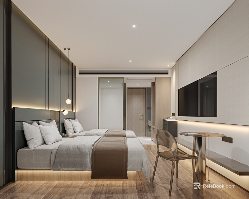 Modern Minimalist Hotel Room With Two Beds Wooden Floor Built-in TV And Soft Lighting 3d model 