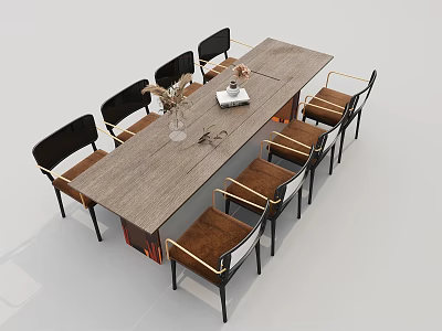 Natural Wood Dining Table Set With Eight Black Back Brown Seat Chairs And Vase Decorations 3d model