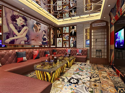 Stylish KTV Lounge Interior With Leather Sofas Coffee Tables And Decorative Wall Paintings 3d model