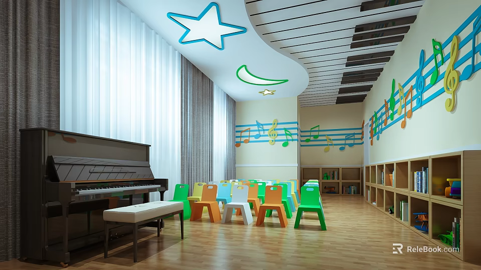 Kindergarten Learning Space With Piano Colorful Chairs Music Note Decorations Star Moon Ceiling And Bookshelves 3d model 