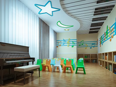 Kindergarten Learning Space With Piano Colorful Chairs Music Note Decorations Star Moon Ceiling And Bookshelves 3d model
