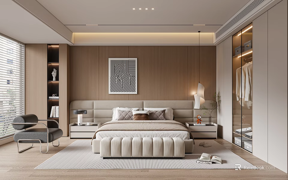 Modern Bedroom Interior With Tufted Bed Nightstands Pendant Light Wall Art And Wardrobe 3d model 