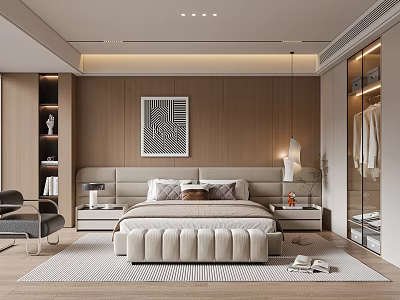 Modern Bedroom Interior With Tufted Bed Nightstands Pendant Light Wall Art And Wardrobe 3d model