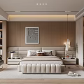 Modern Bedroom Interior With Tufted Bed Nightstands Pendant Light Wall Art And Wardrobe