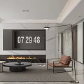 Modern Living Dining Room With Marble Column Brown Sofa And Dark Display Cabinets
