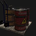 Household Supplies On Stone Slab With Red Yellow Oil Drums Blue Hand Truck And Axe