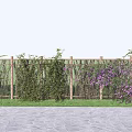 Bamboo Fence Surrounded by Purple Yellow Flowers and Green Plants with Stone Path