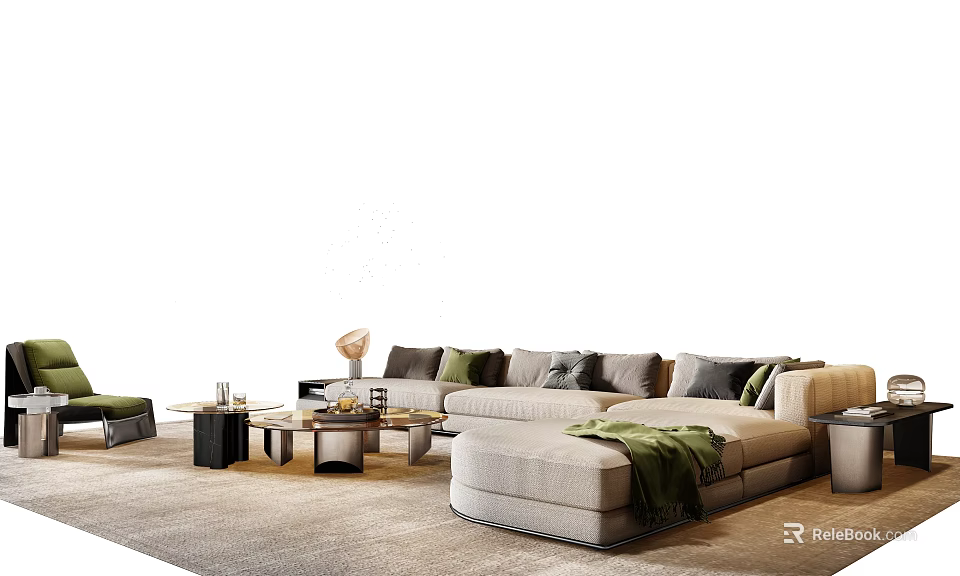 Modern Sofa and Coffee Table Set With Decorative Pillows Throw Blanket and Area Rug 3d model 