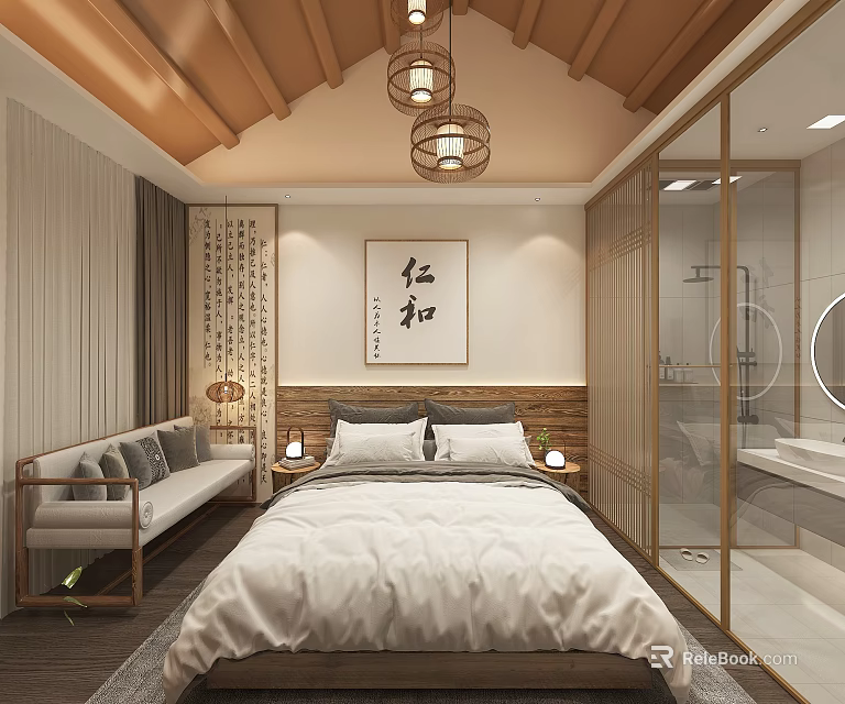 Chinese Style Hotel Guest Room With Wooden Ceiling Lantern Lights Calligraphy Painting And Open Bathroom 3d model 