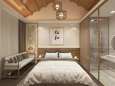 Chinese Style Hotel Guest Room With Wooden Ceiling Lantern Lights Calligraphy Painting And Open Bathroom 3d model