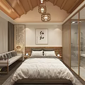 Chinese Style Hotel Guest Room With Wooden Ceiling Lantern Lights Calligraphy Painting And Open Bathroom
