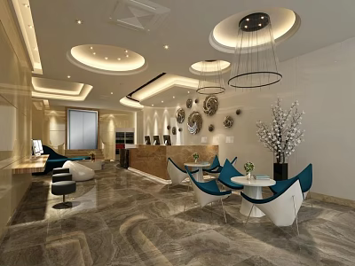 Modern Front Desk Reception Interior Design With Stylish Desk And Seating 3d model
