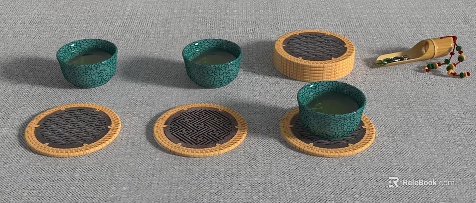 Traditional Tea Set With Green Teacups And Patterned Coasters On Gray Cloth 3d model 