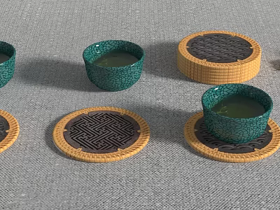 Traditional Tea Set With Green Teacups And Patterned Coasters On Gray Cloth 3d model