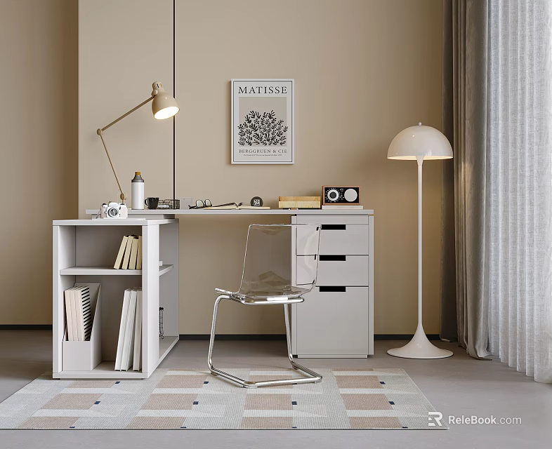 Modern Minimalist Study Room Desk And Chair Set With Floor Lamp Wall Art And Bookshelf 3d model 