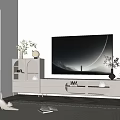 Modern White TV Stand With Storage Cabinets Plants And Wall Mounted TV