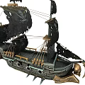 Vintage Wooden Pirate Ship With Tattered Black Sails Skull Ornament And Wooden Deck Details