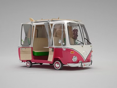 Vintage Volkswagen Bus Model With Red And White Exterior Open Doors And Green Seats 3d model