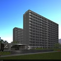 Modern High Rise Residential Building With Green Lawn Trees And Entrance Area