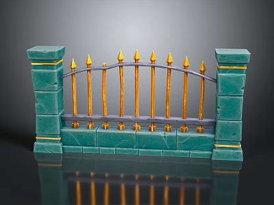 Charming Landscape With Green Stone Railing Golden Spikes Green Bricks Square Pillars And Bottom Reflection 3d model