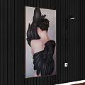 Back View Figure Painting of Woman with Black Wings on Dark Wooden Wall