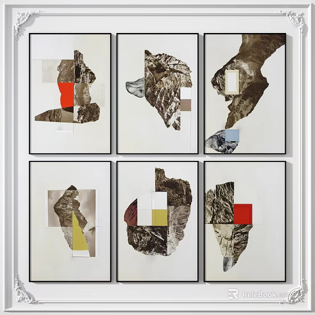 Abstract Collage Artworks Featuring Geometric Color Blocks Rock Textures Black Frames White Wall 3d model