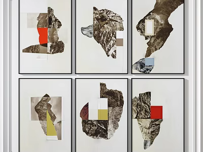 Abstract Collage Artworks Featuring Geometric Color Blocks Rock Textures Black Frames White Wall 3d model