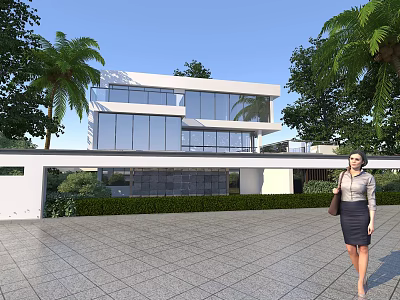 Modern Detached Villa with Large Glass Windows Palm Trees Greenery and Front Stone Paved Courtyard 3d model