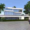 Modern Detached Villa with Large Glass Windows Palm Trees Greenery and Front Stone Paved Courtyard