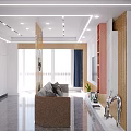 Modern Interior Design With Golden Frame Room Divider And Blue Circular Decorations 3d model