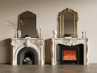 Ornate White Fireplaces With Decorative Mirrors Branch Decor And Flaming Fire 3d model