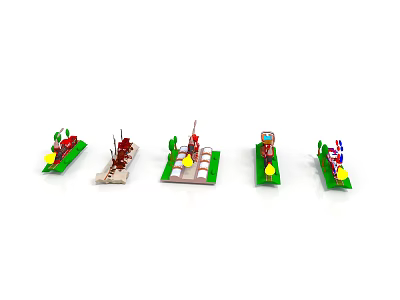 Colorful Lego Boat Models Five Different Designs With Green Bases And Yellow Parts 3d model