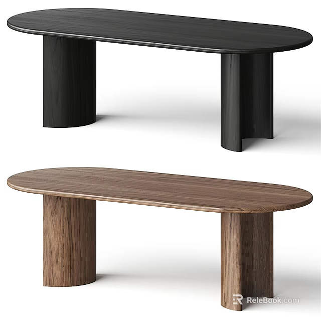 Oval Shaped Dining Table With Cylindrical Legs In Black And Walnut Wood Tones 3d model 