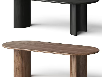 Oval Shaped Dining Table With Cylindrical Legs In Black And Walnut Wood Tones 3d model