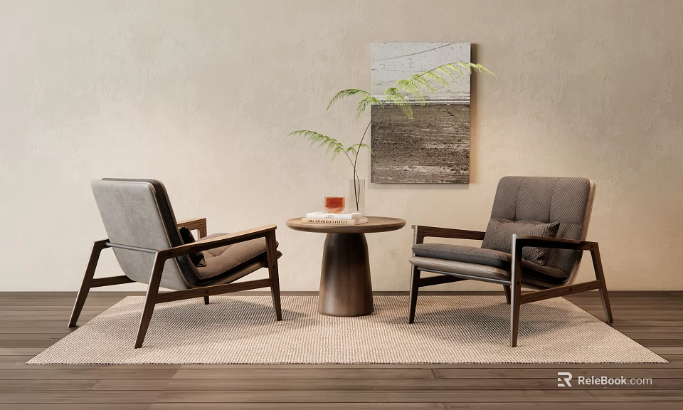 Stylish Gray Chair And Table Set With Wooden Frame Small Round Table And Green Plant 3d model 