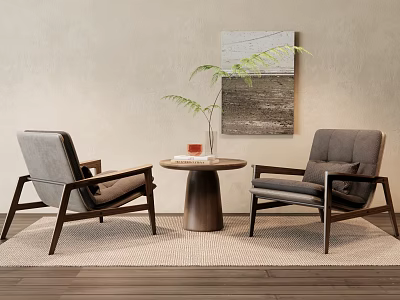 Stylish Gray Chair And Table Set With Wooden Frame Small Round Table And Green Plant 3d model