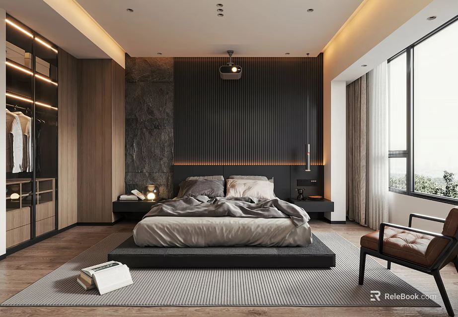 Modern Bedroom Interior Design With King Size Bed Wooden Nightstands Built in Wardrobe And Large Window 3d model 