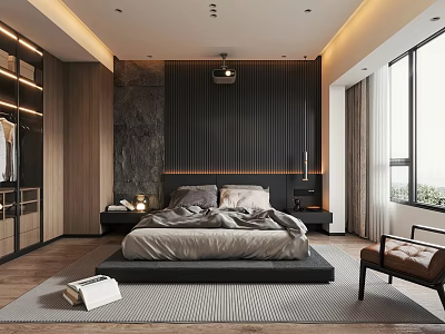Modern Bedroom Interior Design With King Size Bed Wooden Nightstands Built in Wardrobe And Large Window 3d model